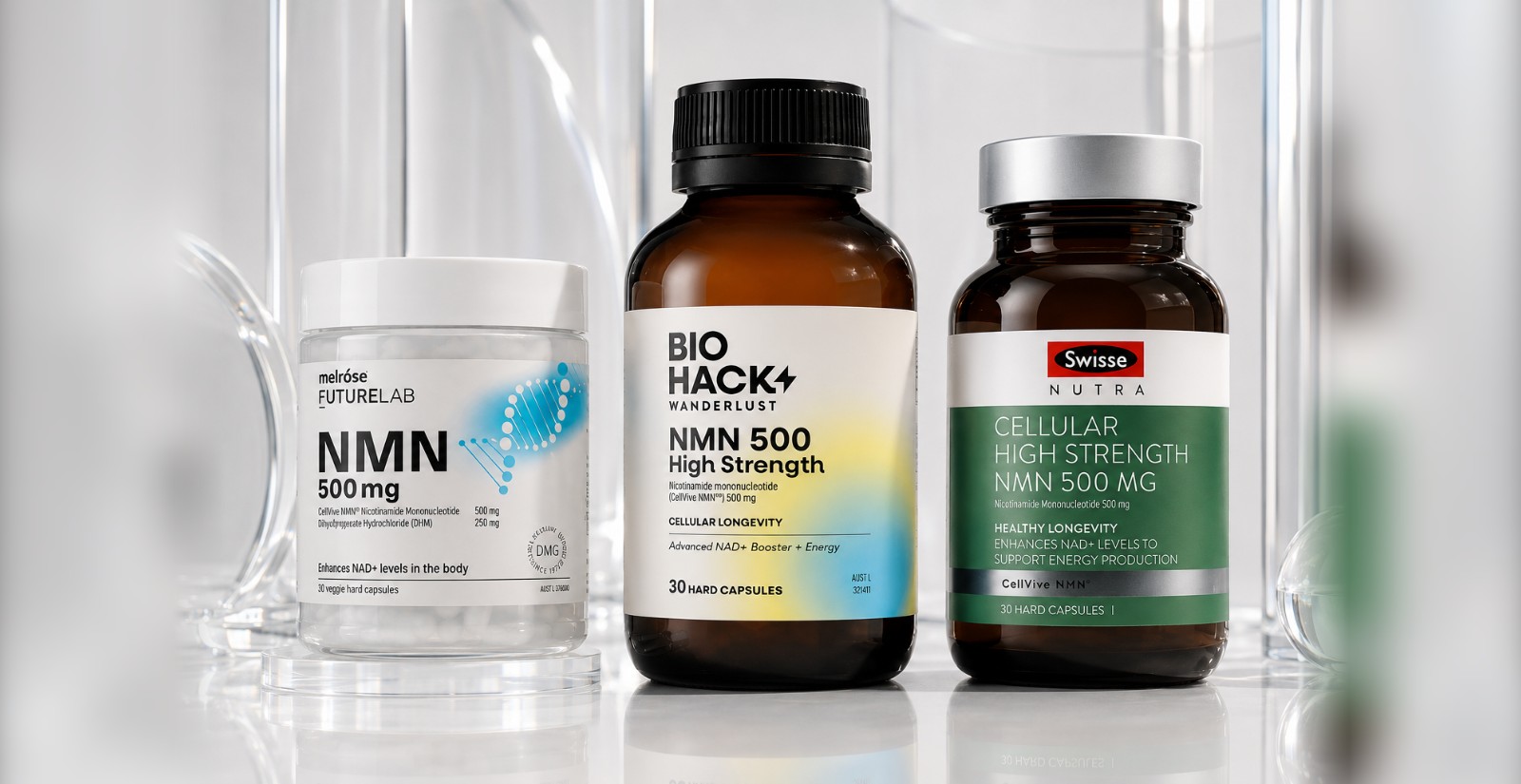 CellVive NMN® 500 mg products from Melrose FutureLab, BioHack Wanderlust and Swisse Nutra